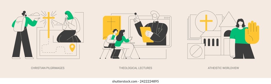 Religious doctrine abstract concept vector illustration set. Christian pilgrimages, theological lectures, atheistic worldview, church fathers, monks in monastery, prayer to god abstract metaphor.