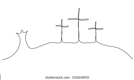 Religious easter background with calvary hill of the cross and jesus silhouettes one line drawing, vector illustration.