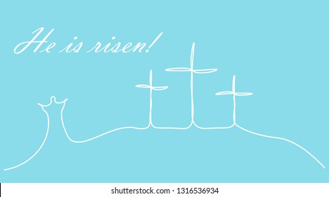 Religious easter background with calvary hill of the cross and jesus silhouettes one line drawing, vector illustration.