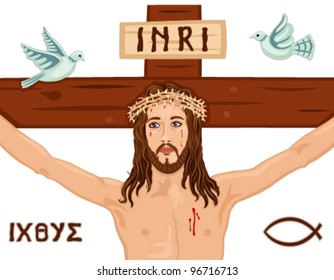 Religious Easter card with Jesus crucifixion on the Cross. Includes the Greek symbols, the fish and the dove. Vector file saved as EPS AI8, all elements layered, no effects, easy print and edit.