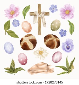 Religious Easter Clipart Cross, Eggs With Spring Blue Flowers

