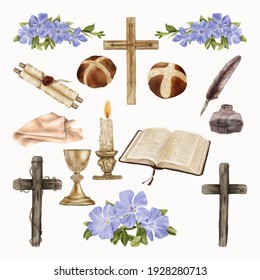 Religious Easter Clipart Crosses, Bible With Spring Blue Flowers


