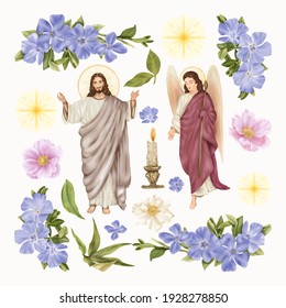 Religious Easter Clipart Jesus Christ And Angel With Spring Blue Flowers

