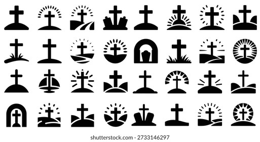 Religiöse Osterkreuz Sonnenaufgang Silhouette Vektorsymbol-Set. Sammlung christlicher Symbole mit Golgatha-Hügelkreuzen, Sonnenstrahlen und leerem Grab. Schwarze Einzelschilder für Karfreitag oder Auferstehungsdesign.