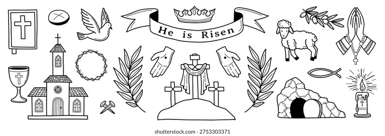 Religious Easter outline set. Christian faith icon elements: tomb, lamb, praying hands, cross, church cup, holy Bible, dove as holy spirit. Faith, religion, communion concept vector set.