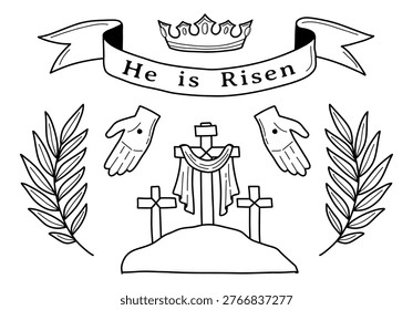 Religious Easter outline set. Christian faith icon elements: cross, palm leaves, crown. Faith, religion, communion concept vector set.