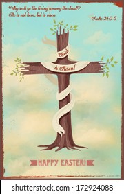 Religious Easter Poster - Vintage style religious Easter poster, with cross-shaped sprouting tree, quotation from Gospels and Easter greeting, against the bright blue sky