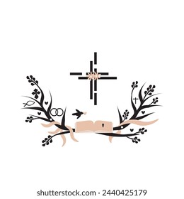 Religious Easter wreath with cross, eternity rings, Ichthys fish, bible, dove, hearts, and flowers. Vector illustration for print, web, and background. Christianity, holiday and invitation element. 