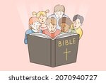 Religious education and bible concept. Group of interested small kids children sitting and looking reading Bible all together vector illustration 