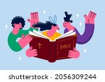 Religious education and church concept. Group of smiling happy children reading bible book together for religion development vector illustration