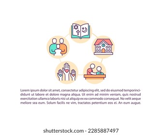 Icono de concepto de educación religiosa con texto. Escuela dominical. Familia criando a su hijo. Conciencia religiosa. Plantilla vectorial de página PPT. Folleto, revista, elemento de diseño de folletos con ilustraciones lineales