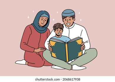 Religious Education And Islam Concept. Happy Young Arab Family Father Mother And Son Sitting On Floor And Reading Koran Book Vector Illustration 