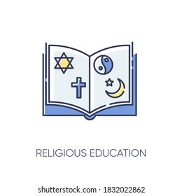 Religious education RGB color icon. Book with judaism, christianity, taoism and islam signs. Theology subject. Studying religion. Isolated vector illustration