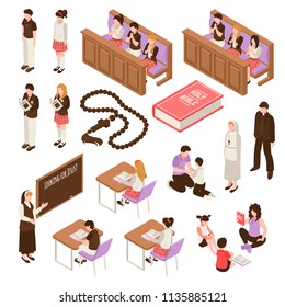 Religious education set of isometric icons learning at sunday school children during praying isolated vector illustration
