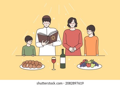 Religious education and spirituality concept. Jew family with children standing with religion book praying all together before meal vector illustration 