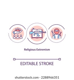 Icono de concepto de extremismo religioso. Terroristas armados. Conflicto social. Peligro de agresión. La religión aborda la idea de la ilustración de línea delgada. Dibujo de color RGB con contorno aislado del vector. Trazo editable