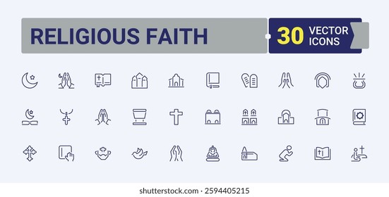 Religious Faith icons set in linear style. Contains such icons as islamic, religion, traditional, jewish, star, mullah, praying and more. Icons for website. Minimalistic icon.