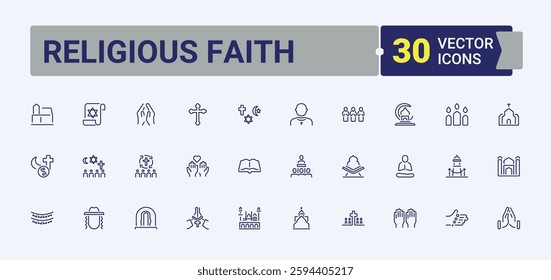 Religious Faith icons set in linear style. Contains such icons as islamic, religion, traditional, jewish, star, mullah, praying and more. Icons for website. Minimalistic icon.