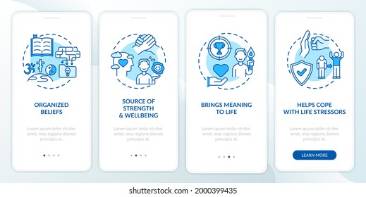 Religious faith value blue onboarding mobile app page screen with concepts. Source of strength. Meaning of life walkthrough 4 steps graphic instructions. UI vector template with RGB color illustration