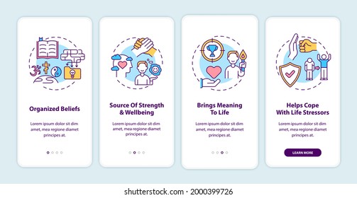 Religious faith value onboarding mobile app page screen with concepts. Source of strength. Meaning of life walkthrough 4 steps graphic instructions. UI vector template with RGB color illustrations