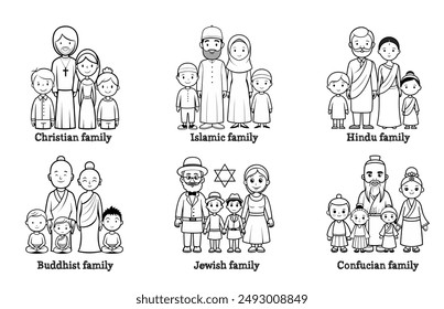 Religious family mom dad kids - Christian Islamic Hindu Buddhist Jewish Confucian black and white one line drawing coloring book