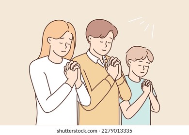 Religious family with son praying to God. Superstitious parents with child keep hands in prayer in church. Faith and religion. Vector illustration. 