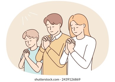 Familia religiosa con un hijo que reza a Dios. Padres supersticiosos con hijos se toman de las manos en la oración en la iglesia. Fe y religión. Ilustración vectorial.