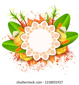 Religious festival Pongal celebration background with traditional pot, banana leaves and sugarcane. South Indian harvest festival celebration.