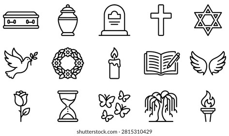 Religious and funeral icons set including mourning symbols with religion