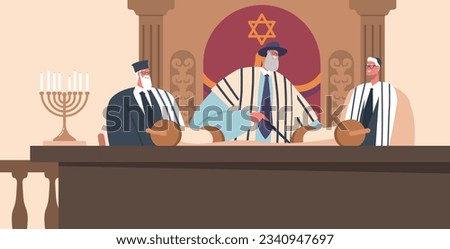 Religious Gathering In A Synagogue Where Prayer Characters, Readings From The Torah, And Communal Worship Take Place