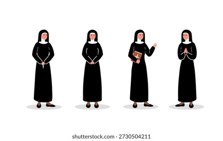 Religious gestures. Nuns with different hand gestures with rosaries and a bible. Black Nuns' clothes. Illustration with Nun set 