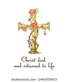 Religious gold cross and floral elements. Jesus cross, flowers and thorns, creative design. Greeting card concept. Christian symbol of death and life. Easter Sunday celebration. Isolated design.