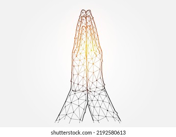 Religious hand gesture concept. Polygonal vector illustration of praying hands on white background. Pray low poly design. Religious futuristic banner template or background.