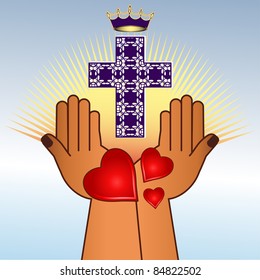 religious hands with cross and crown