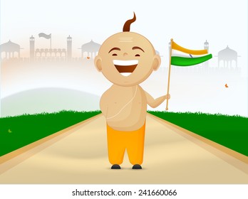 Religious Hindu boy enjoying and holding National Flag on famous monument background for Indian Republic Day celebrations.