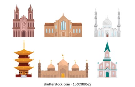 Religious historical buildings of different countries. Vector illustration.