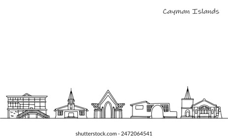 Religious, historical and tourist buildings that can be seen on the streets of the Cayman Islands. Hand drawn street panorama. Vector illustration.