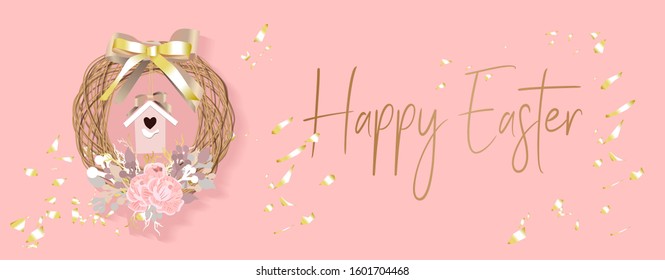 Religious holiday. Easter holiday banner on colorful background. Beautiful card. Happy Easter banner. Modern trend illustration 2022
