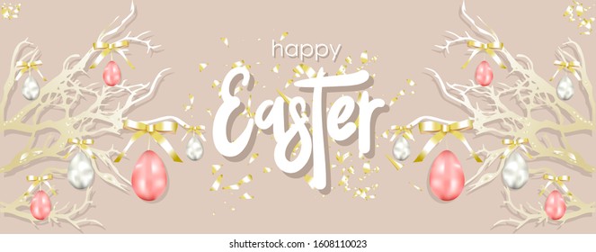 Religious holiday. Easter holiday banner on colorful background. Beautiful card. Happy Easter banner. Modern trend illustration 2022