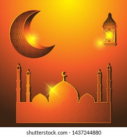 The religious holiday of Ramadan mosque a flashlight a month. Vector image. eps