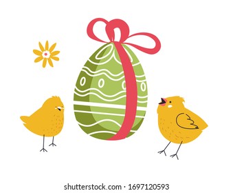 Fiesta religiosa en primavera, celebración de Pascua. Huevo pintado aislado con adornos y tipo decorativo. Pollos o aves cantando. Alimentos y animales, vectores para la cena o el desayuno en forma plana