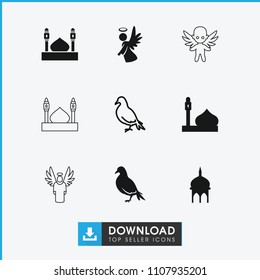 Religious icon. collection of 9 religious filled and outline icons such as dove, mosque. editable religious icons for web and mobile.