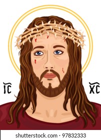 Religious Icon - portrait of Jesus Christ wearing the crown of thorns. With Greek sacred Christogram. Vector file saved as EPS AI8, no effects, easy edit and print.