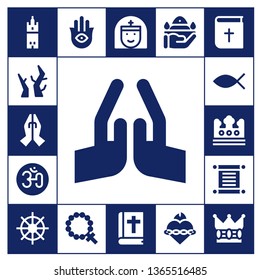 religious icon set. 17 filled religious icons.  Simple modern icons about  - Giralda, Branches, Prayer, Pray, Om, Christianity, Crown, Torah, Buddhism, Hamsa, Rosary, Nun, Bible
