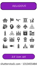 religious icon set. 25 filled religious icons.  Collection Of - Crown, Christian, Branch, Torah, Branches, Pigeon, Faith, Buddhism, Sacred heart, Triquetra, Bishop, Church, Bible