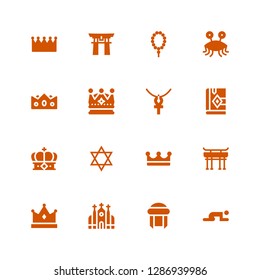 religious icon set. Collection of 16 filled religious icons included Prayer, Turban, Church, Crown, Torii gate, Judaism, Bible, Ankh, Pastafarianism