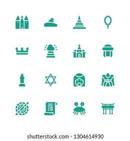 religious icon set. Collection of 16 filled religious icons included Torii gate, Pastafarianism, Papyrus, Holi, Traditional, Arab, Judaism, King, Turban, Church, Heaven, Crown