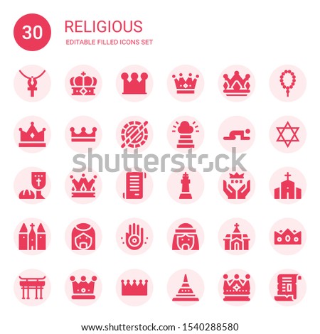 religious icon set. Collection of 30 filled religious icons included Ankh, Crown, Holi, Heaven, Prayer, Last supper, Papyrus, King, Church, Arab, Jainism, Arab man, Judaism, Chapel