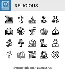 conjunto de iconos religiosos. Colección de la Biblia, Evora, Cruz Ortodoxa, Iglesia, Shiva, Pastafarianismo, Corona, Menorá, Vaticano, Om, Ankh, Mezquita, Comunión, Sacerdote, Esvástica, Iconos de Nun