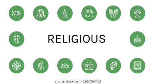religious icon set. Collection of Christianity, Nun, Church, Bible, Prayer, Menorah, Taoism, Crown, Orthodox cross icons